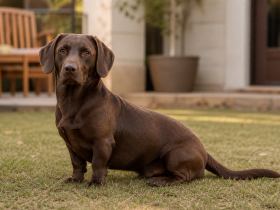 Chocolate brown dog with drop ears and a long body sitting in a backyard