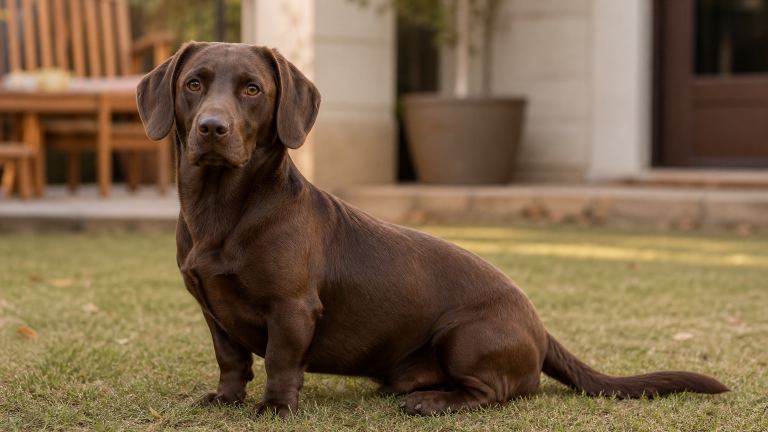 Chocolate brown dog with drop ears and a long body sitting in a backyard