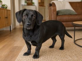 Curious black dog with a long body and drop ears looking directly at the camera