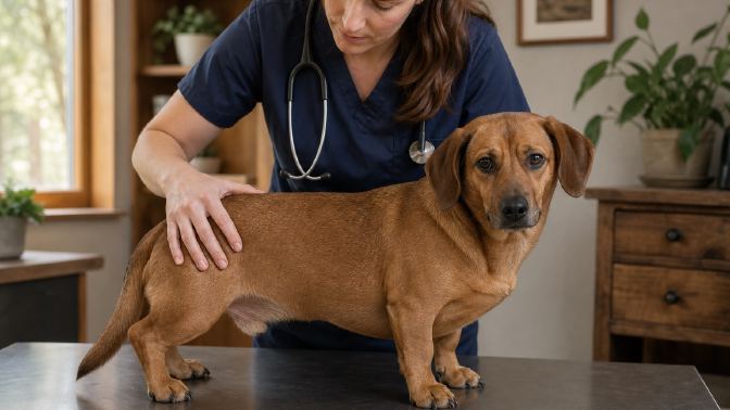A veterinarian examining the back and hips of a brown Dachshund Lab mix on an exam table
