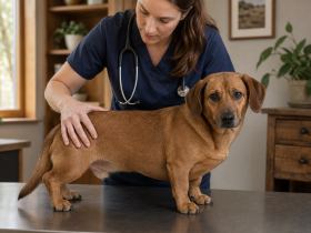 A veterinarian examining the back and hips of a brown Dachshund Lab mix on an exam table