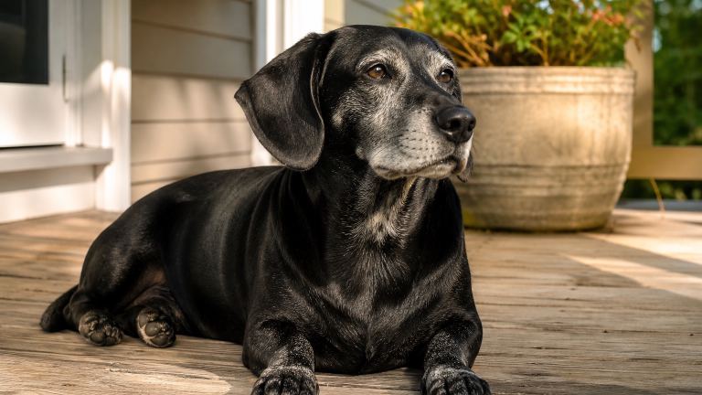 An older Dachshund Lab mix with a graying muzzle lying on a porch in the sun