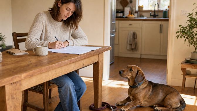 Person filling out paperwork at a kitchen table while a brown dog waits beside a leash