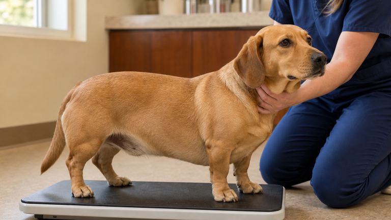 Medium-sized tan dog with short legs standing on a veterinary scale