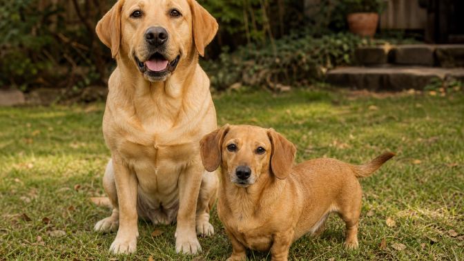 Adult yellow Labrador Retriever sitting beside a shorter-legged tan mixed-breed dog on a lawn