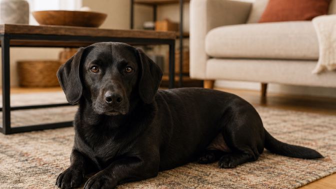 Short-legged black dog with a Labrador-like head resting on a living room rug
