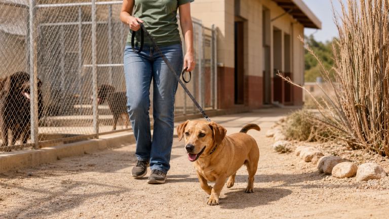 Volunteer walking a short-legged tan dog on a leash outside a shelter building