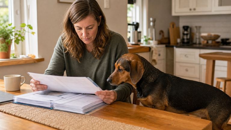 Person reviewing a folder of veterinary certificates and registry printouts at a kitchen table