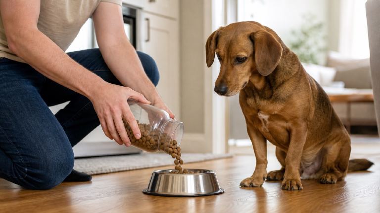 Person pouring kibble into a bowl while a medium-sized brown dog waits