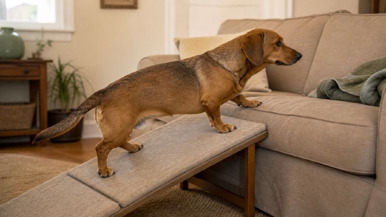 A long-backed Dachsador using a fabric ramp to get onto a couch