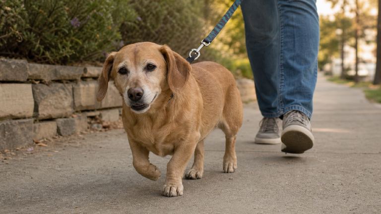 A senior Dachsador walking slowly beside its owner on a quiet sidewalk