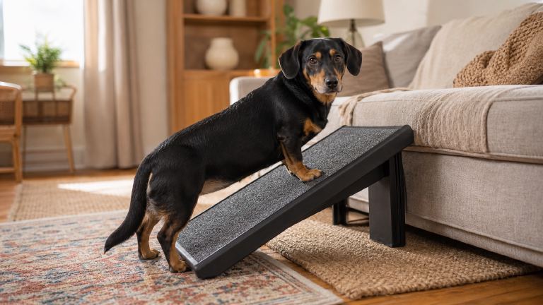 A dog ramp leaning against a couch, with rugs laid over a hardwood floor