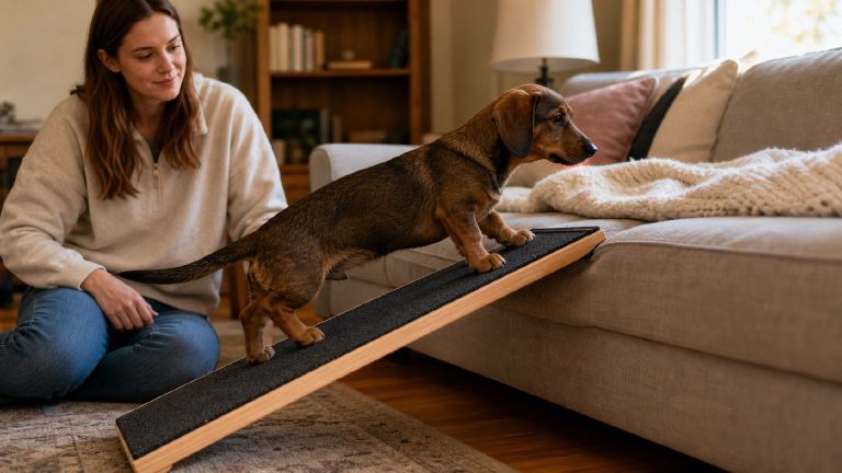 A Dachsador puppy walking up a low ramp onto a couch while a person watches