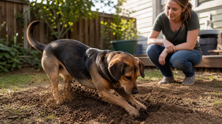 Dachshund Lab mix digging enthusiastically in a backyard while its owner watches