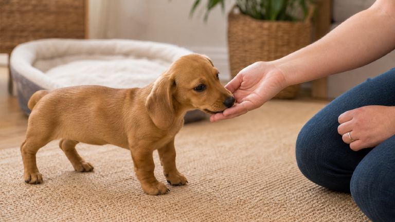 Dachsador puppy taking a treat gently from an open hand during a training session