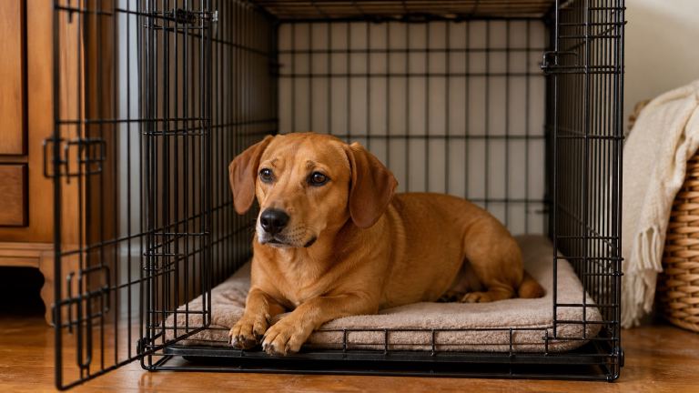 Dachsador resting quietly on a mat inside an open wire crate