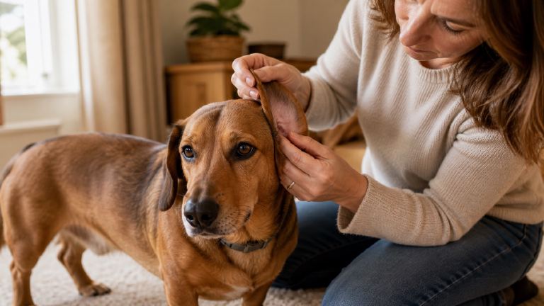 Close view of a long-eared low-slung dog getting its ear checked by its owner