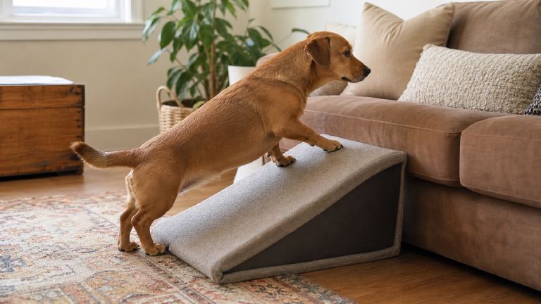 Low, long-bodied dog using a fabric ramp to climb onto a couch