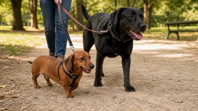 Small red Dachshund and a taller black mixed-breed dog walking together on leashes in a park