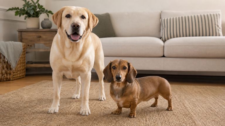 A Dachshund and a Labrador Retriever standing side by side to show the size difference